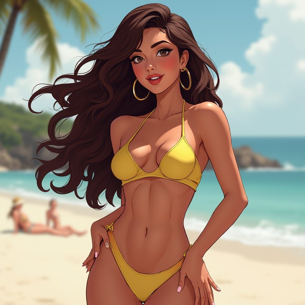 Confident Brunette Woman in Swimsuit: Stylized Aesthetic