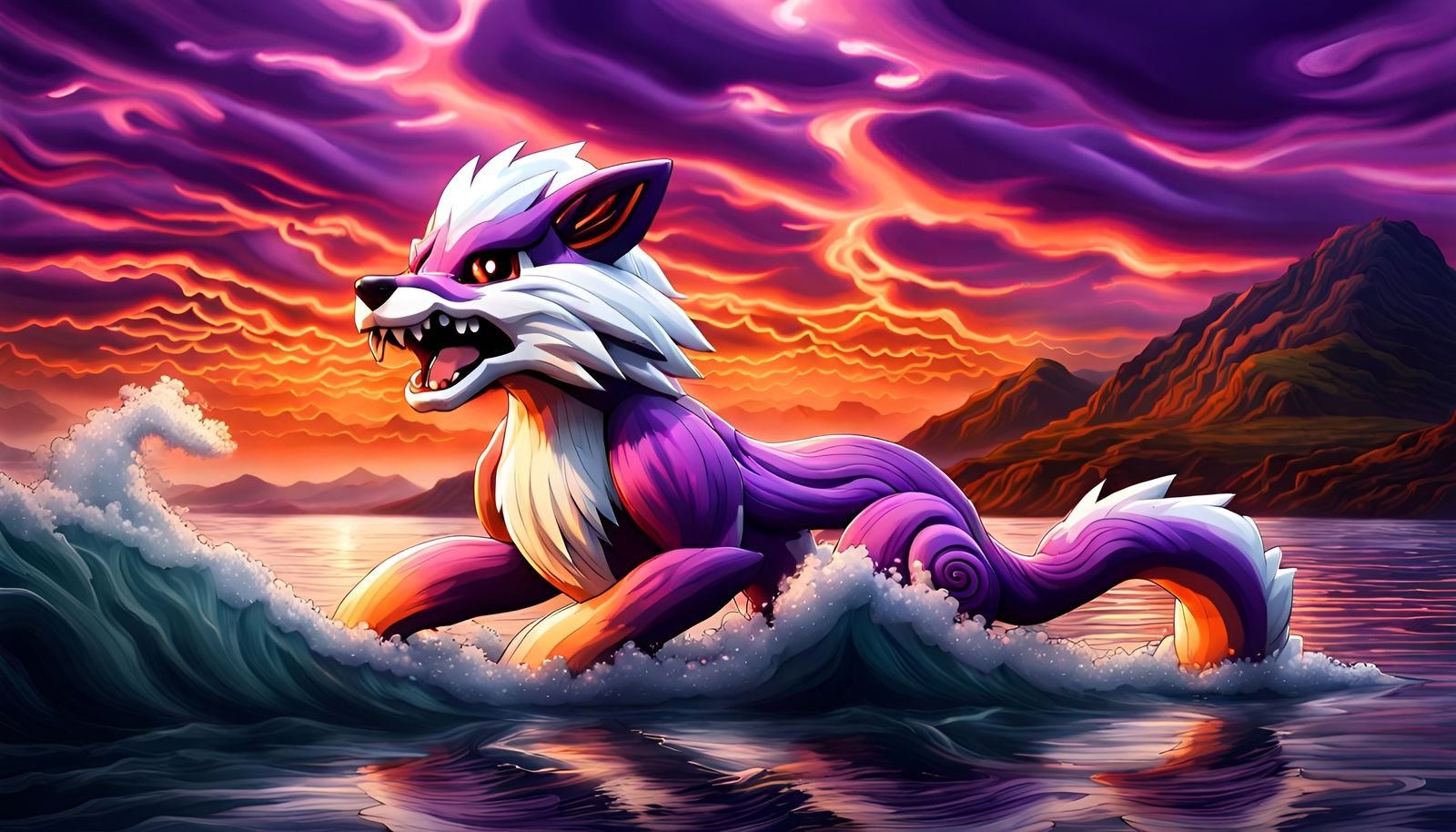 Fiery Growlithe and Sea Serpent in Stormy Landscape
