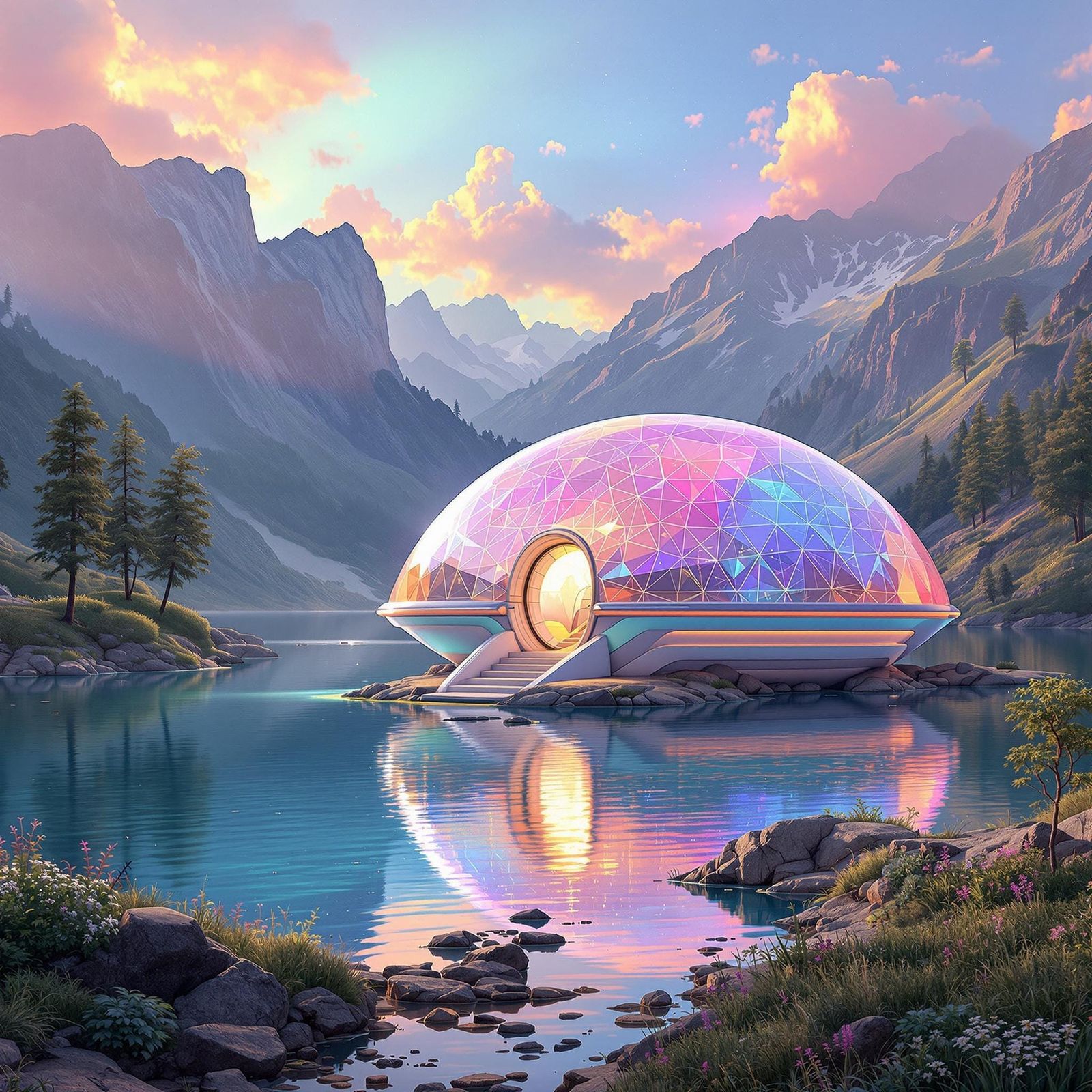 Serene, Iridescent Spaceship in Crystalline Valley at Dawn