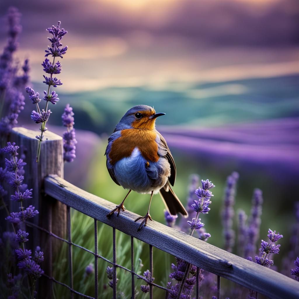 Robin in Lavender Field: Atmospheric Fairytale Scene