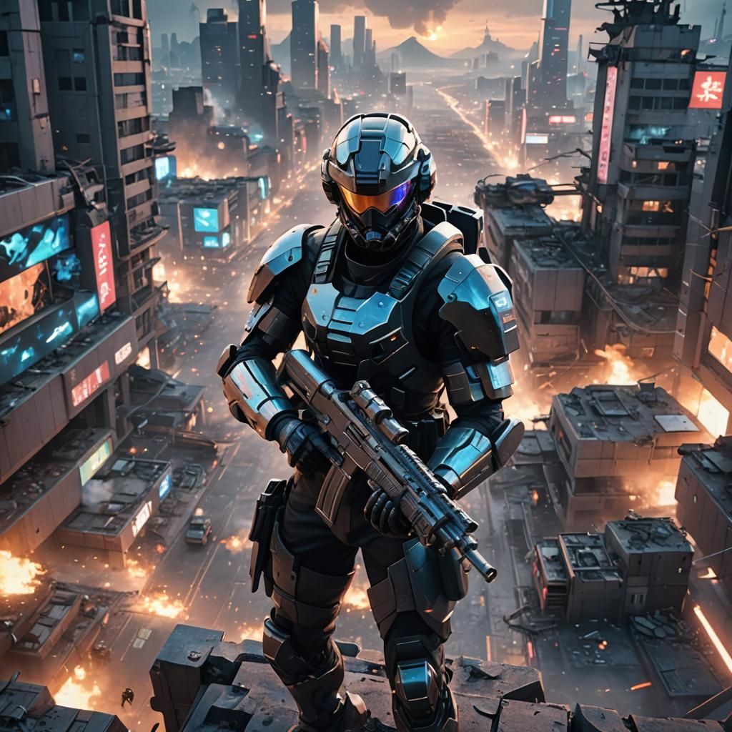 Futuristic Soldier in Ruined Cityscape: 3D Anime Art