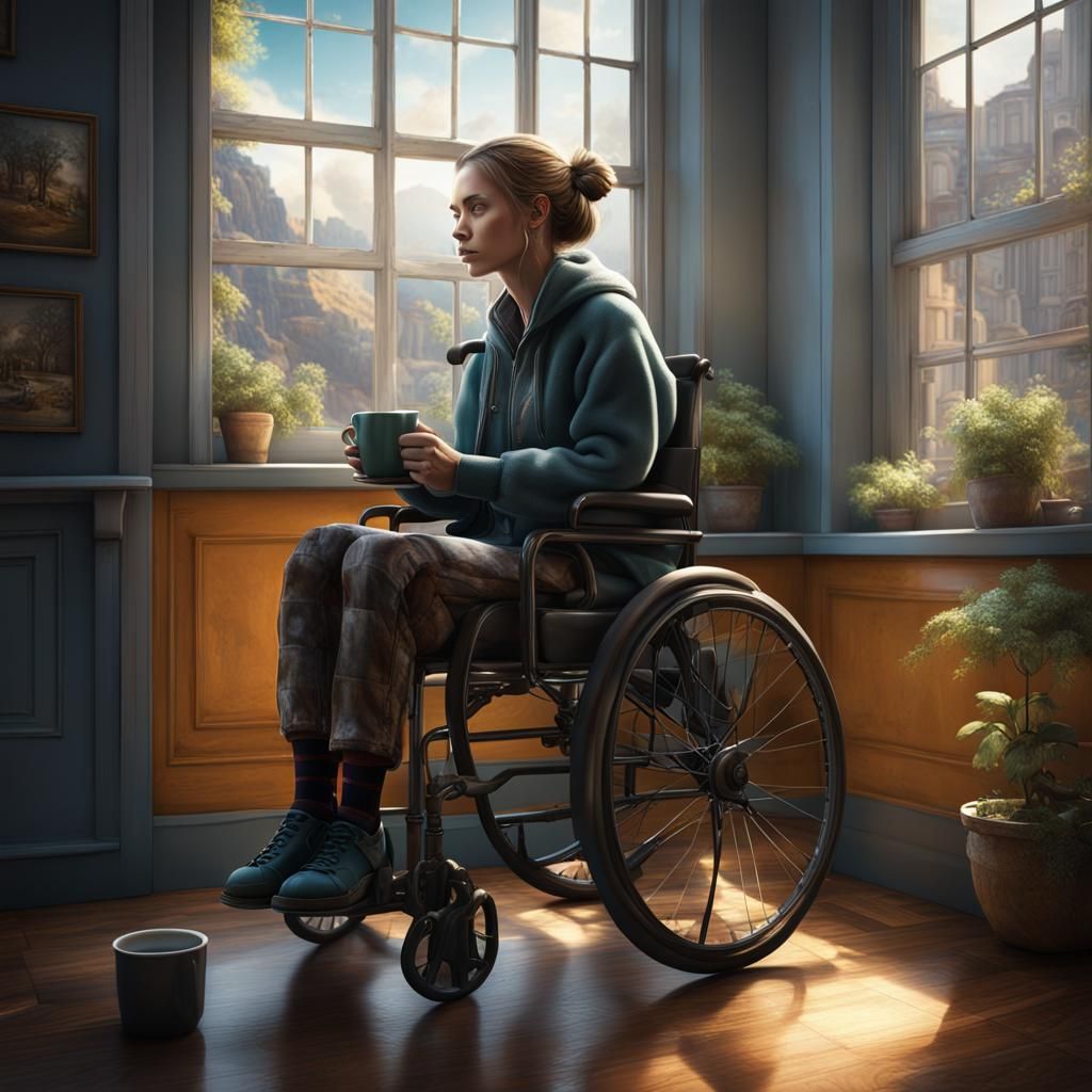 Paraplegic Woman Sipping Coffee: Detailed Matte Painting