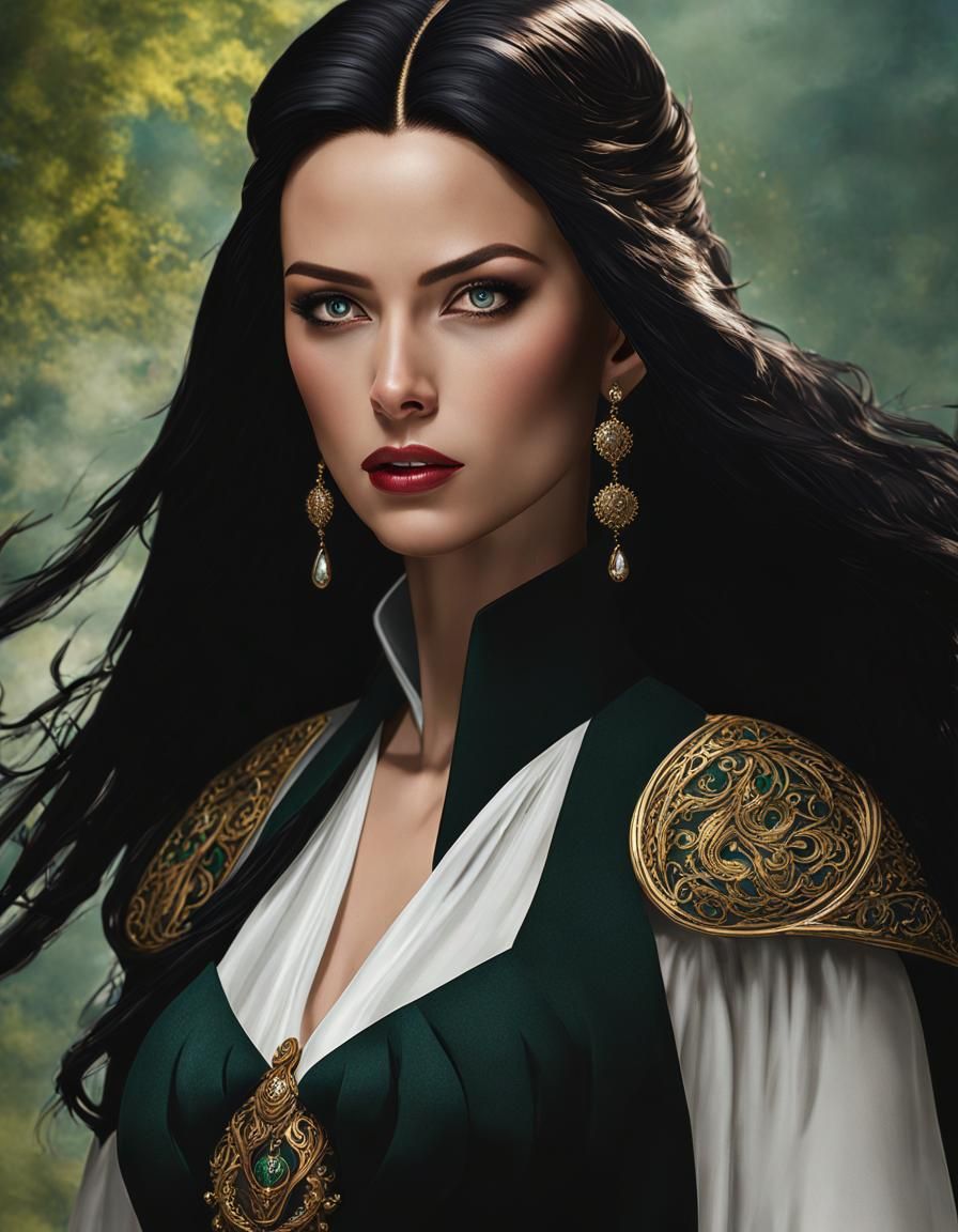 Green-Eyed Woman with Lycan in Fantasy Landscape