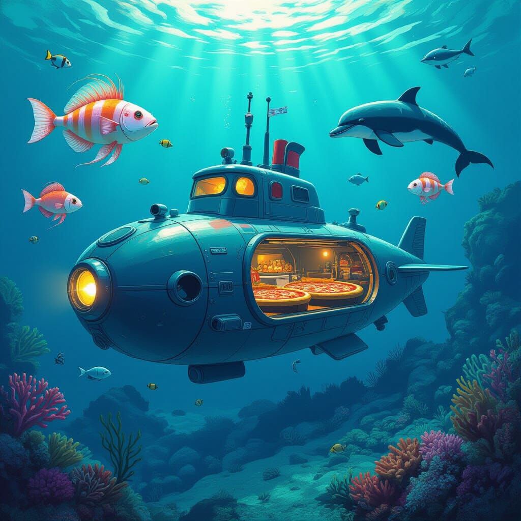 Underwater Pizza Restaurant in Dreamlike Style