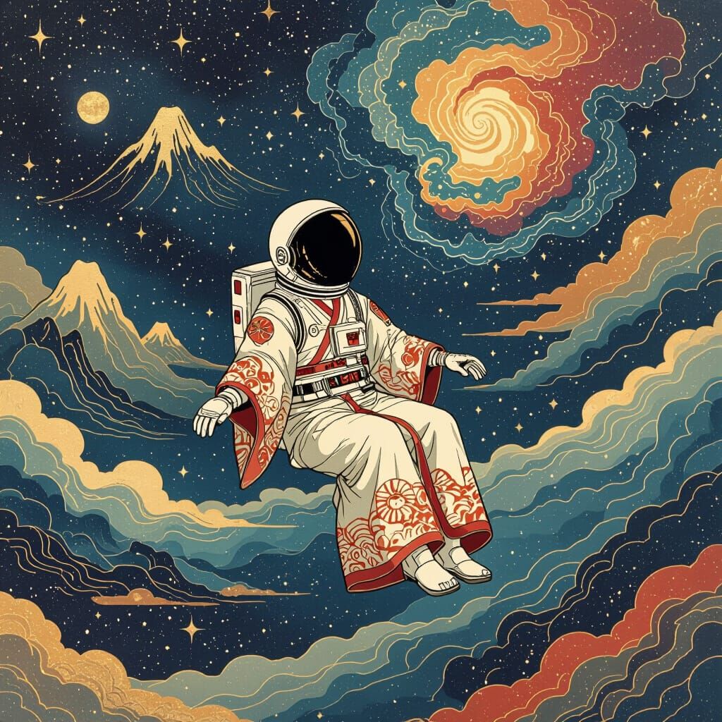 Ukiyo-e style. A lone astronaut in a traditional Japanese ro...