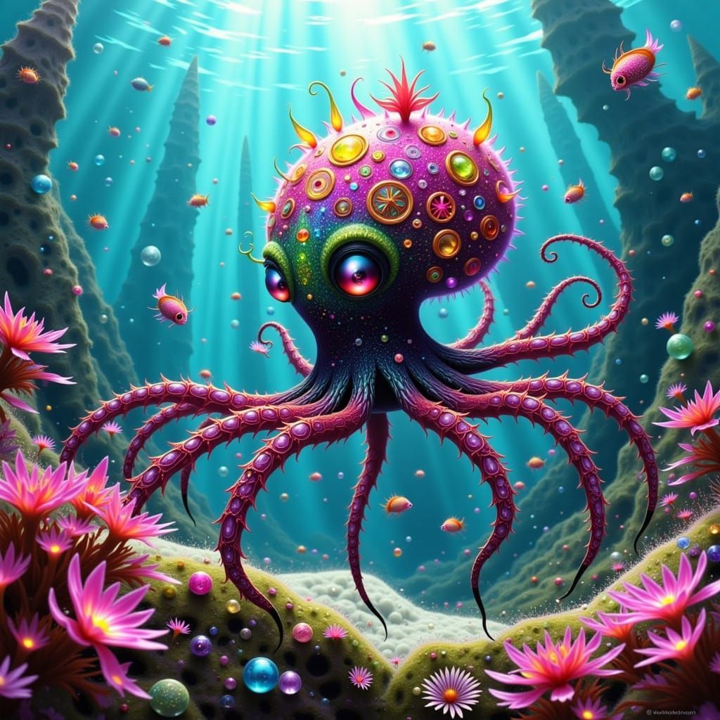 Majestic Spider-Octopus Hunts Gems and Pearls in Vibrant Und...