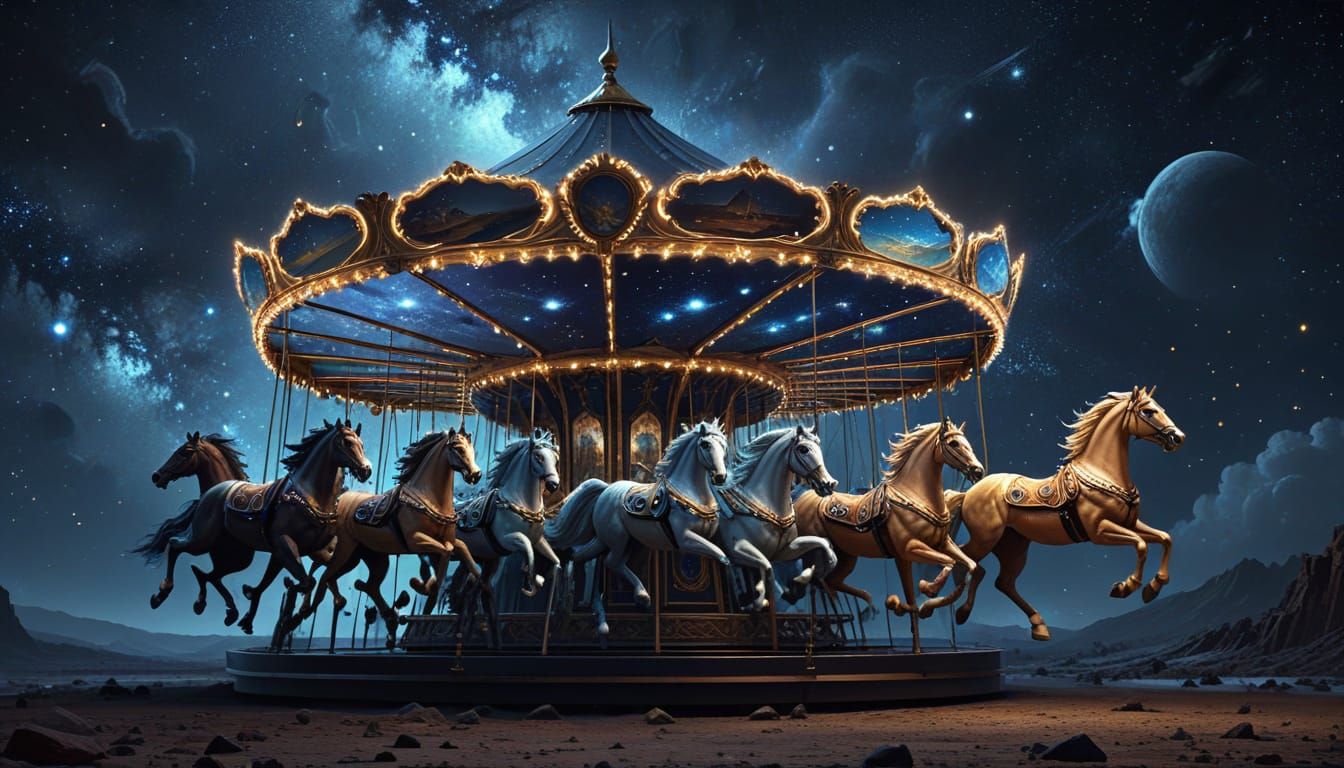 Vintage Carousel Horses Under Starry Midnight Sky