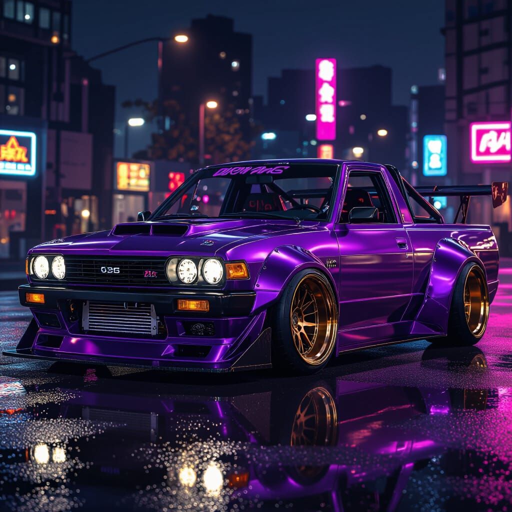 Modified Datsun 620 Pickup with Widebody Kit in Cyberpunk St...