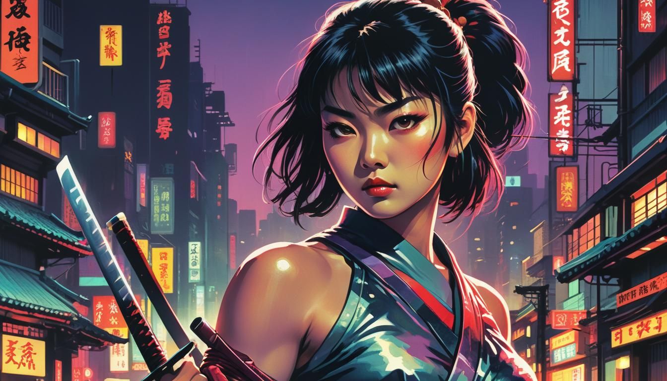 Neon City Warrior in Retro Japanese Pulp Style
