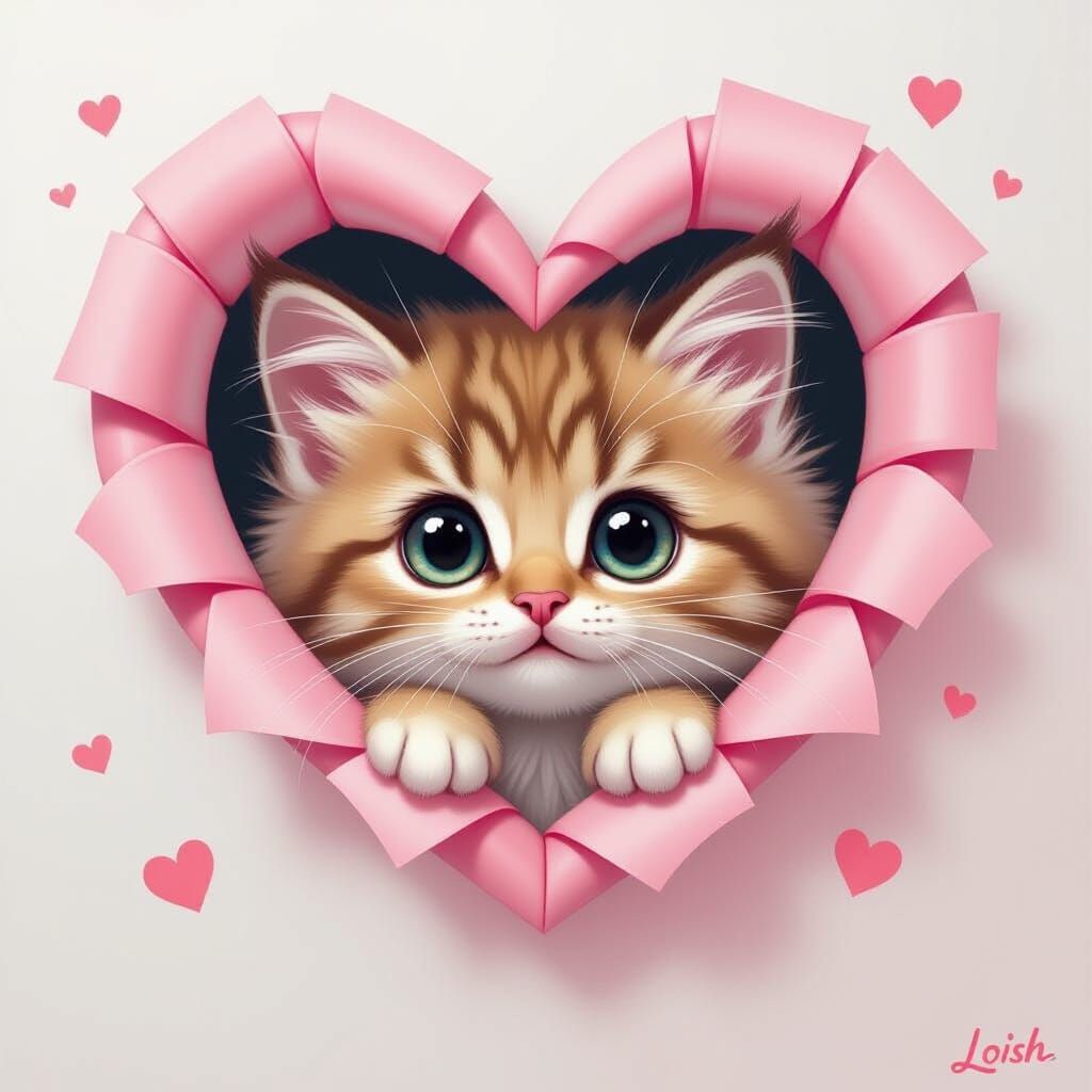 Tender Kitty Peeking From Pink Heart Hole