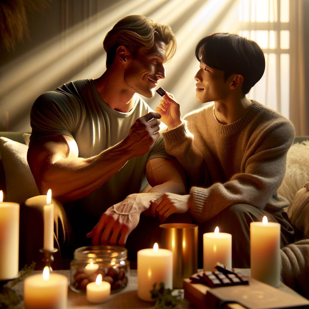 Romantic Korean Man Wipes Chocolate from Lover's Lips