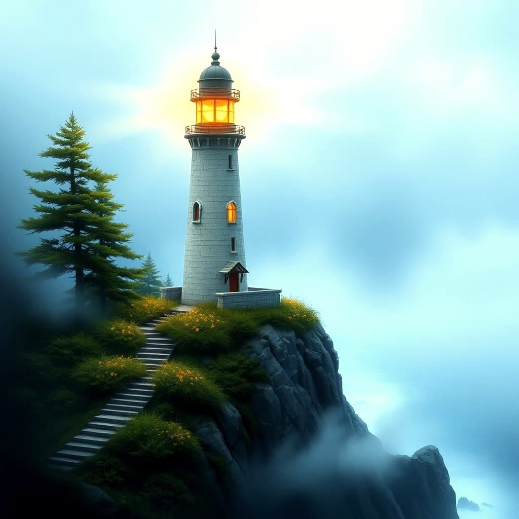 Mystical Seaside Beacon in a Dreamlike Landscape
