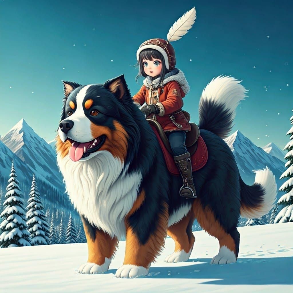 Mountain Girl Rides Bernese Dog: 3D Anime Art
