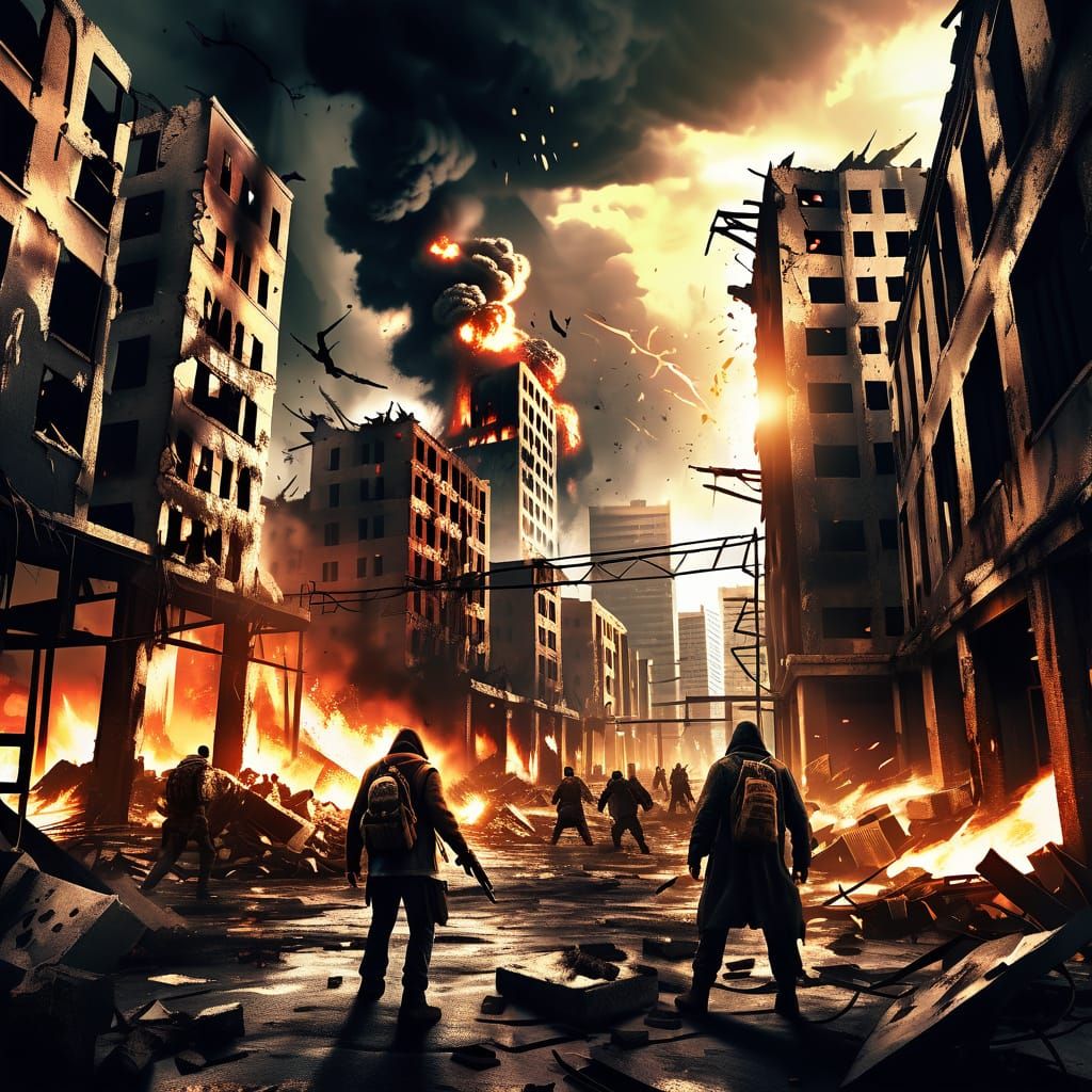Post-Apocalyptic Battle in Burning Ruins