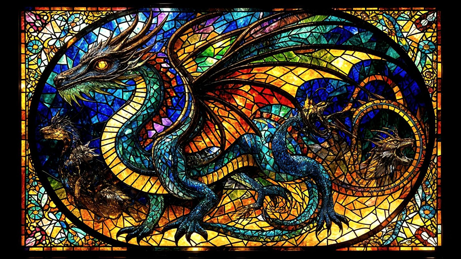 Celestial Dragon Stained Glass Window in Art Nouveau Style