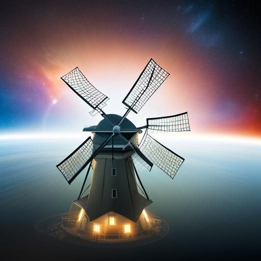 Surreal Windmill Floating in Space Double Exposure