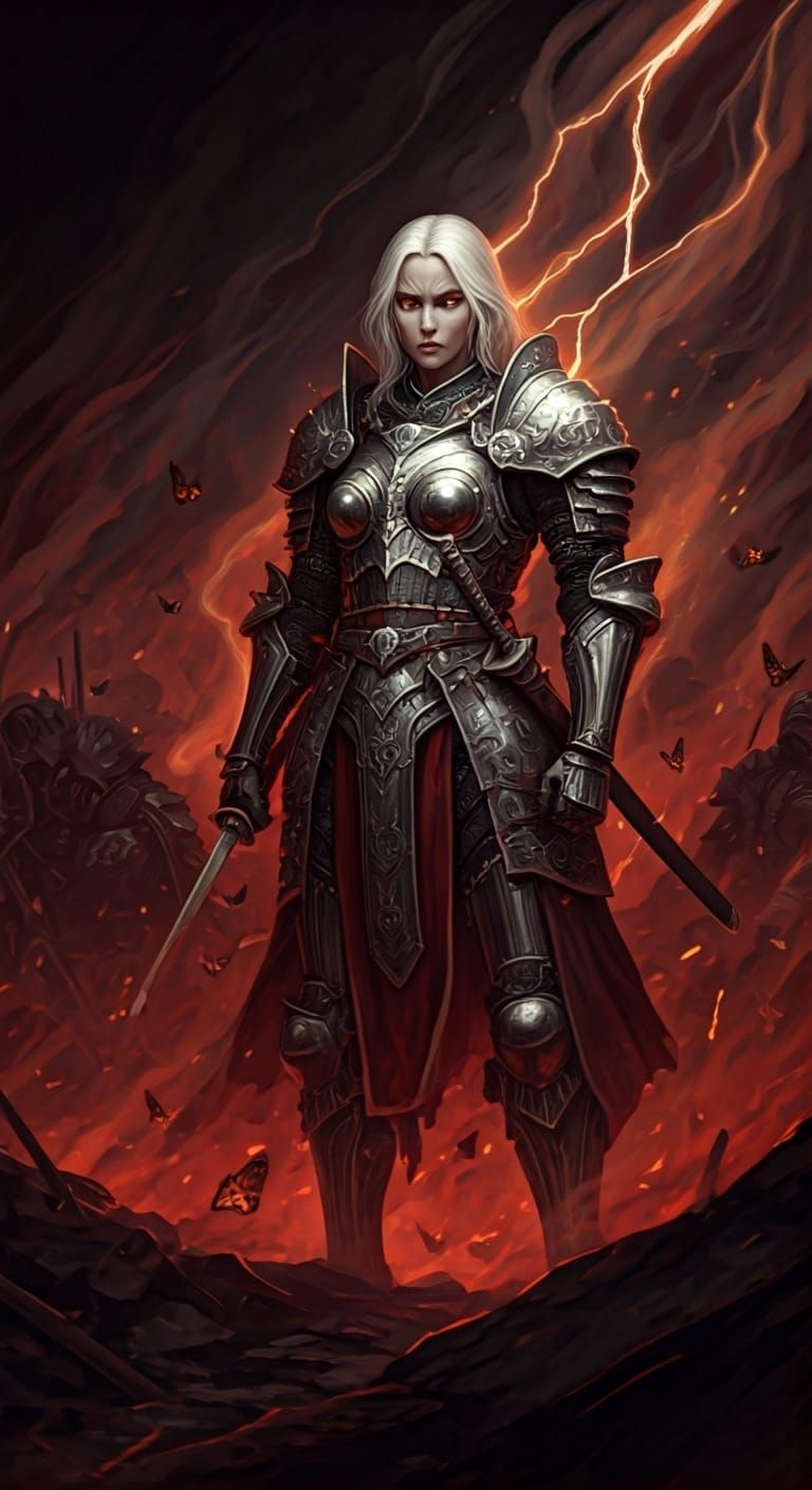 Aasimar Paladin Amidst War, in Dark Fantasy Style