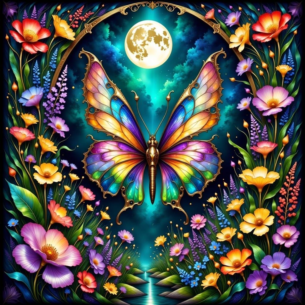 Mystical Moonlit Butterfly in a Kaleidoscopic Garden