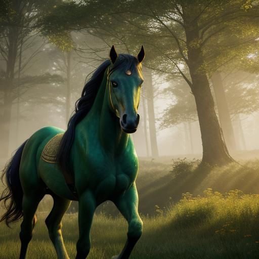 Mystical Horse with Crimson Cloak in Forest Meadow