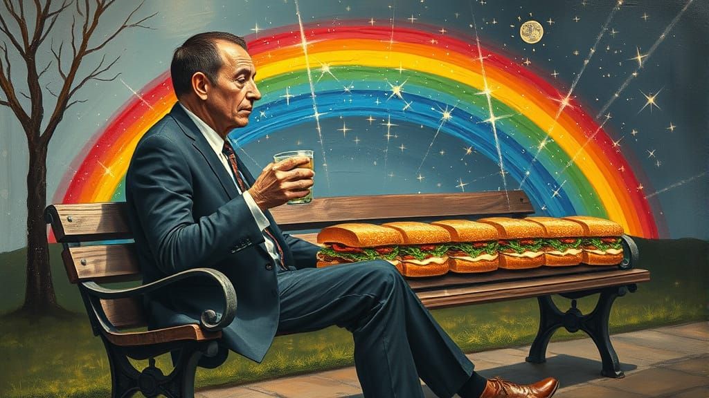 Surreal Sandwich Man Under a Rainbow, Dali Style