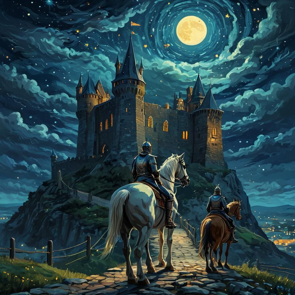 Knights and Castle Under Starry Night Sky