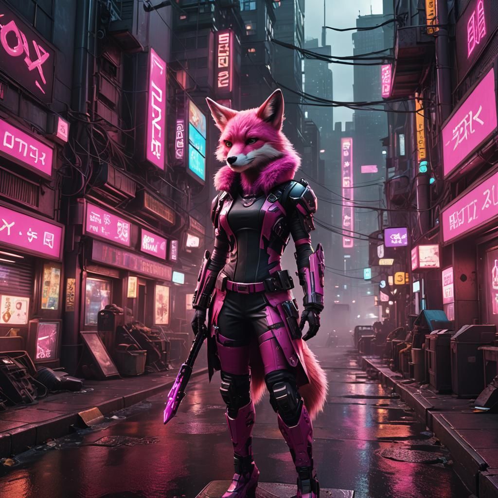 Cyberpunk Pink Fox Anthro in Cityscape