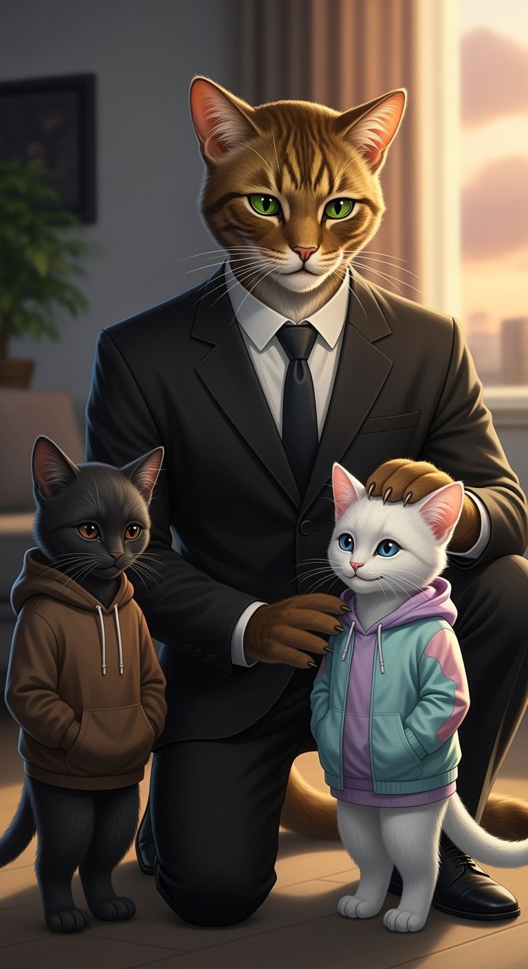 Alien Cat Family Portrait in Cinematic Oil Painting Style