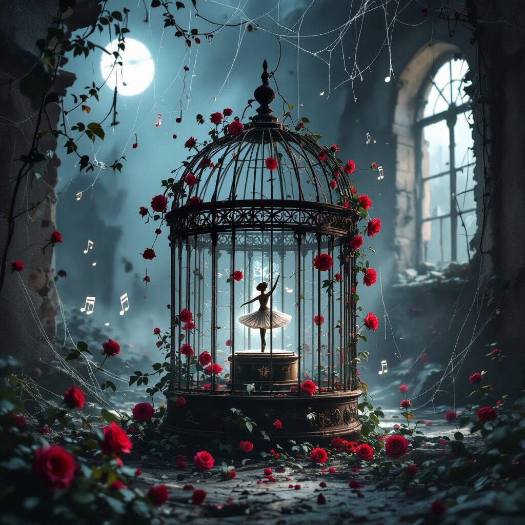 Abandoned Birdcage in Ruined City Moonlight
