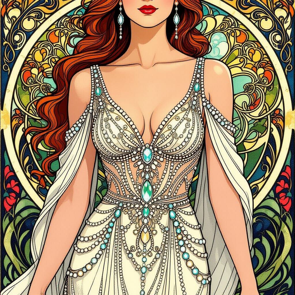 Woman in Beaded Dress: An Art Nouveau Digital Painting