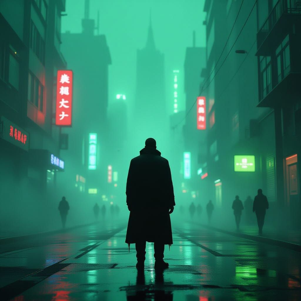 Cyberpunk Cityscape: Figure in Neon Dystopia