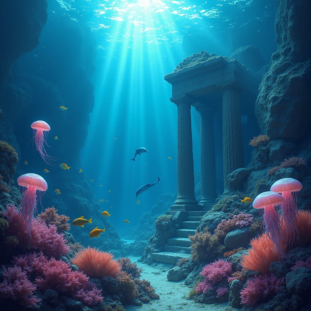 Ethereal Underwater Scene with Coral Reef and Sunken Temple