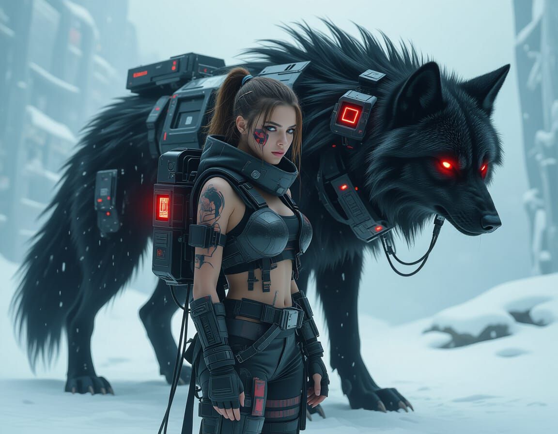 Cyberpunk Woman Bonded to Bio-Weapon Wolf