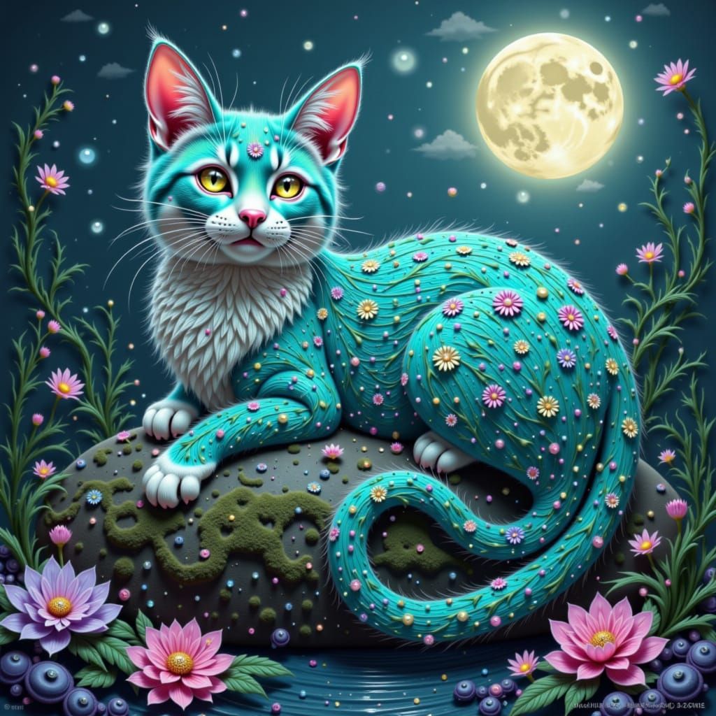 Scaled Cat Lounging Under Moonlight in Surreal Style