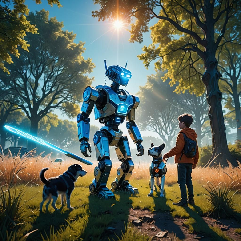 Sci-Fi Boy and Robot Dog Playing Fetch