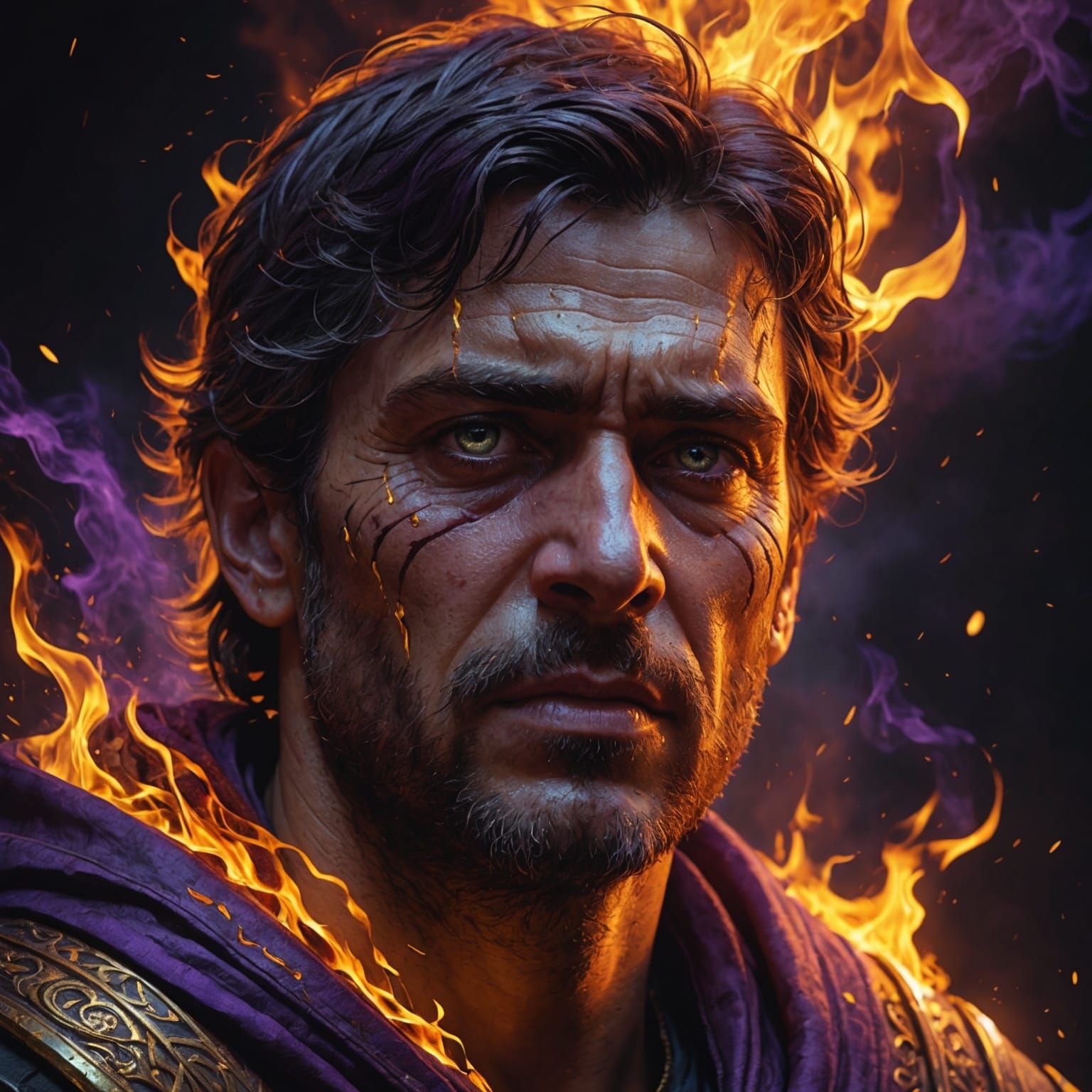 Crying Man with Fire Eyes: Dark Fantasy Art