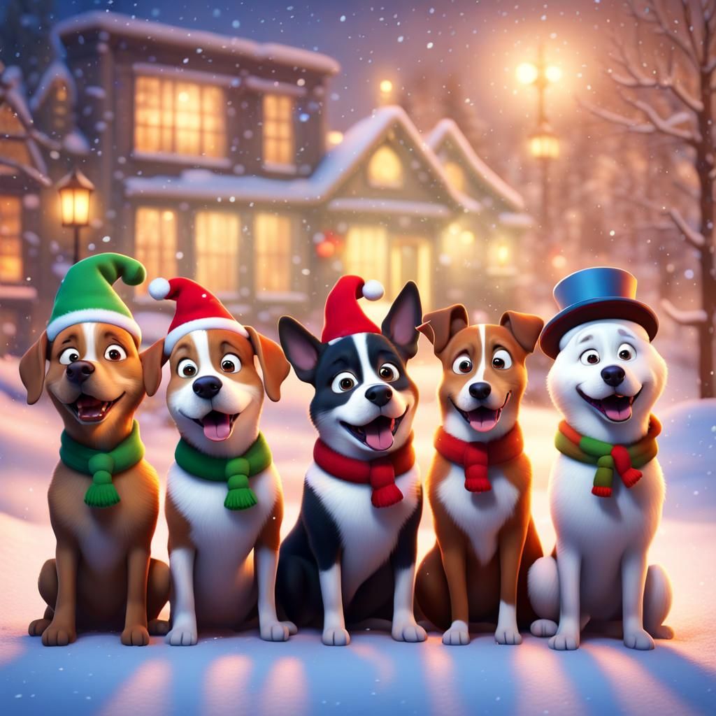 Dog Carolers in Snowy Scene: Pixar-Style 3D Art