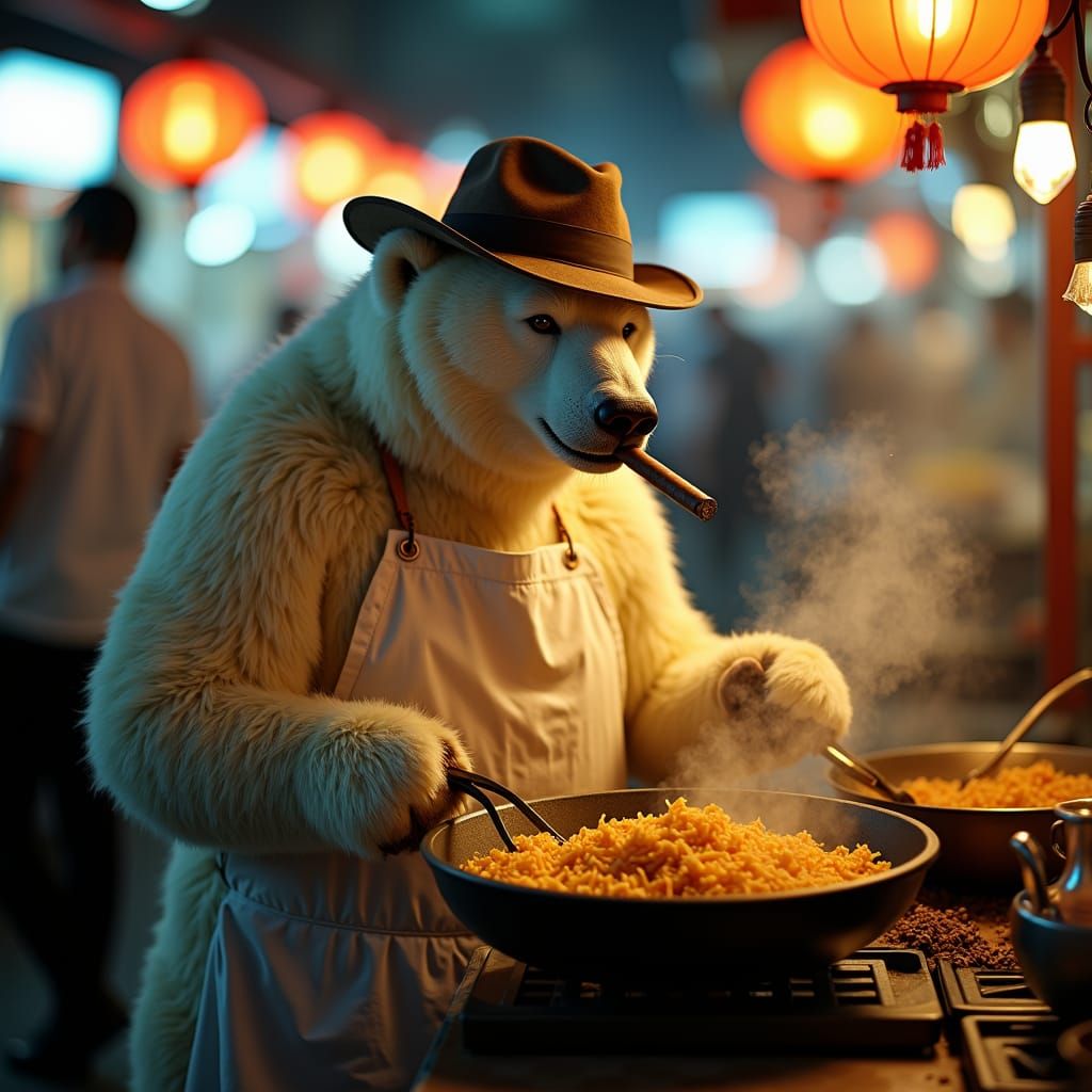 Polar Bear Chef in Bustling Night Market, Film Noir