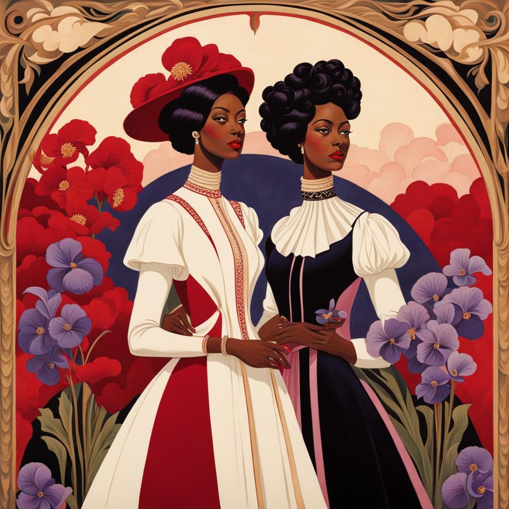 Black Woman with Violets in Art Nouveau Style