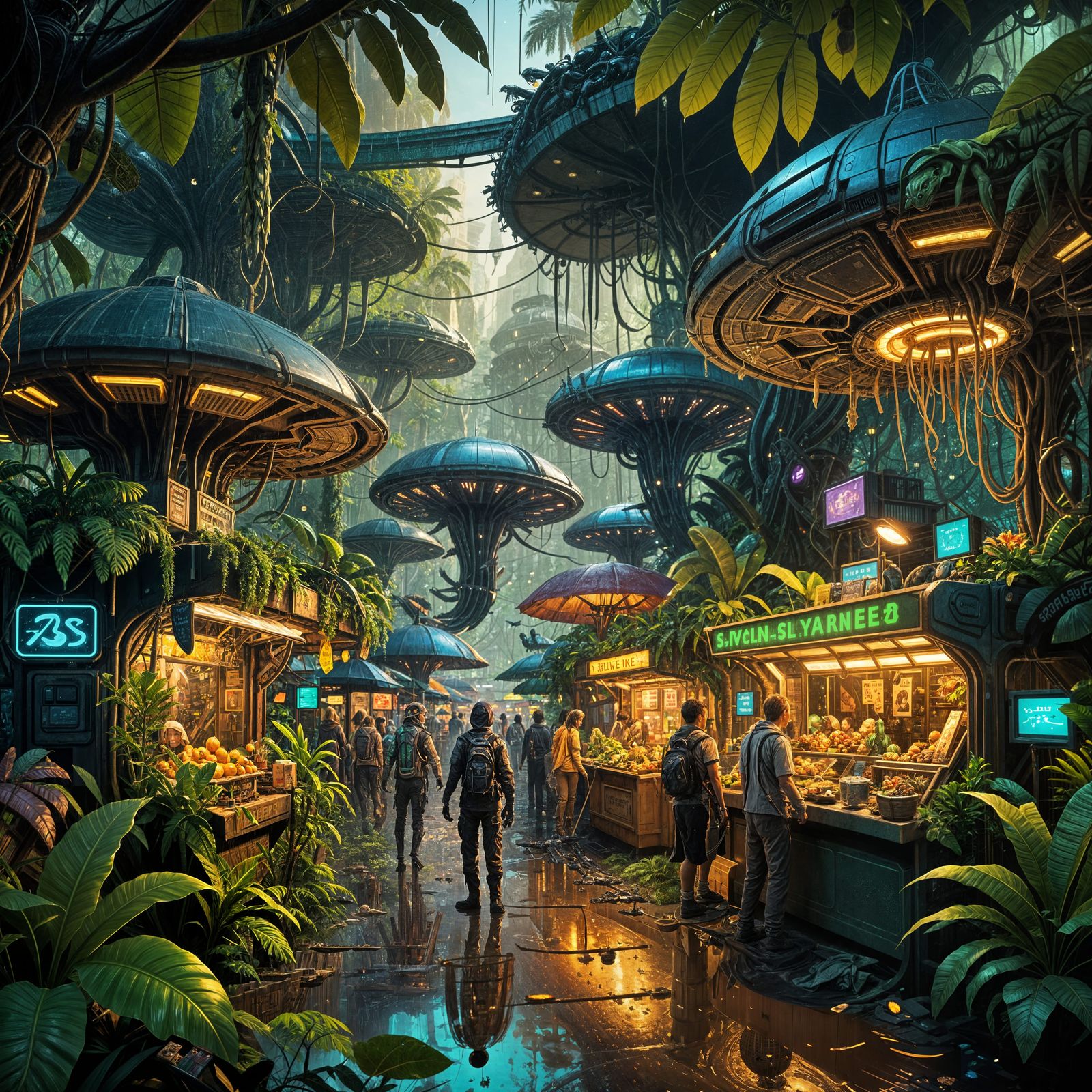 Bustling Alien Market with Sci-Fi Rainforest