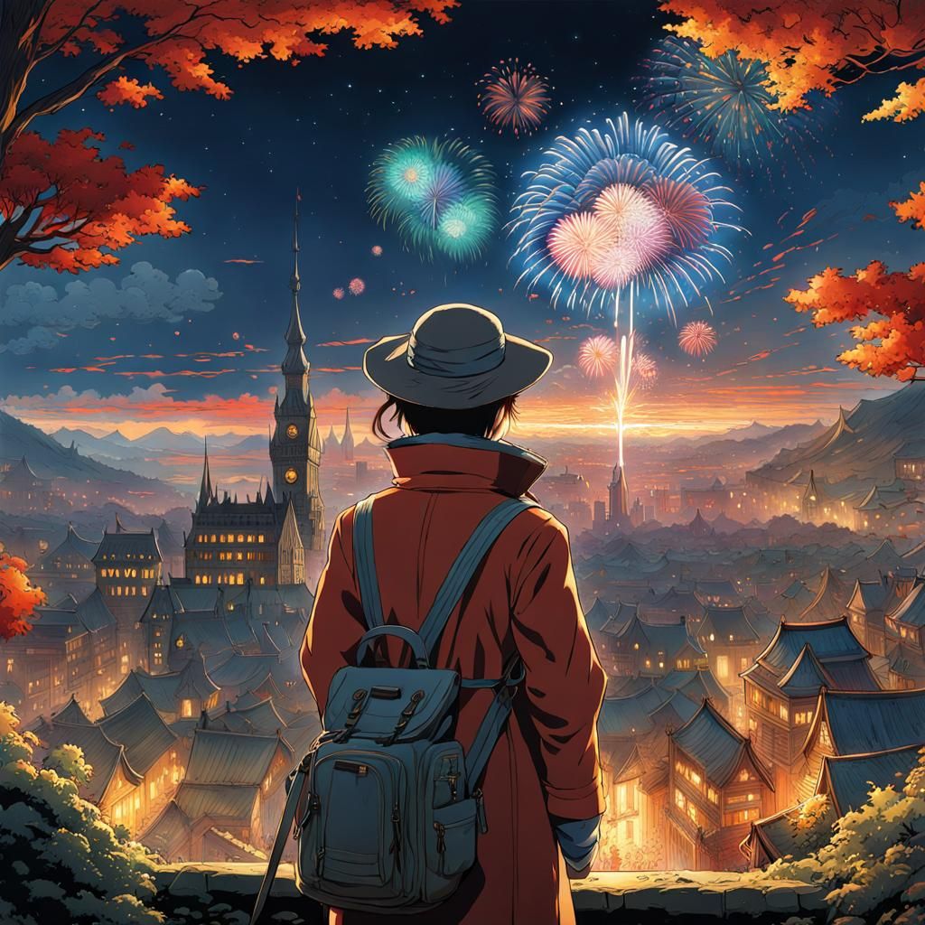 Manga Fireworks Clock in Hyperdetailed Illustration