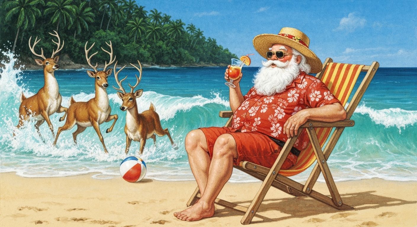 Santa Claus Enjoys Tropical Holiday on Hawaiian Beach
