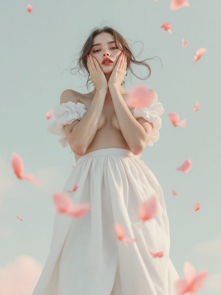 Ethereal Figure in White Linen Skirt, Dreamlike Pastel Art
