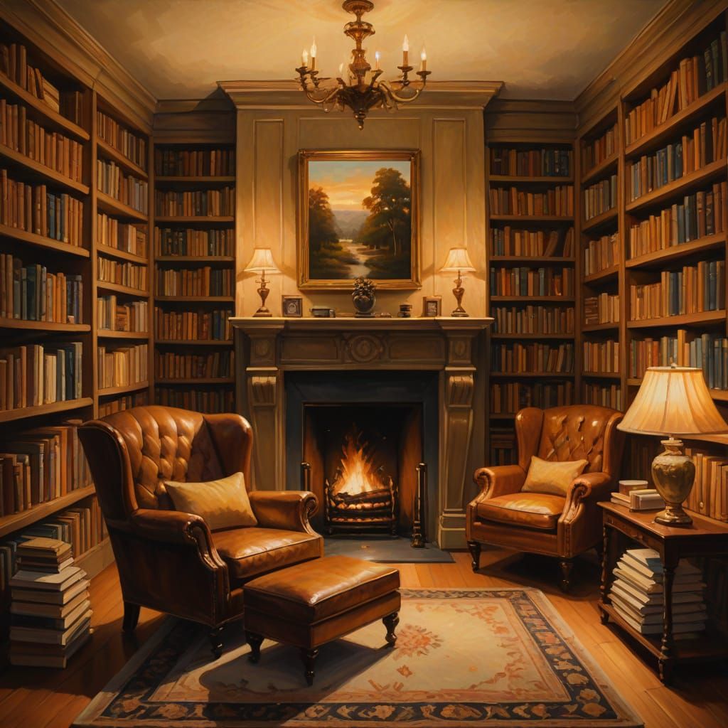 Cozy Library Nook Oil Painting with Fireplace