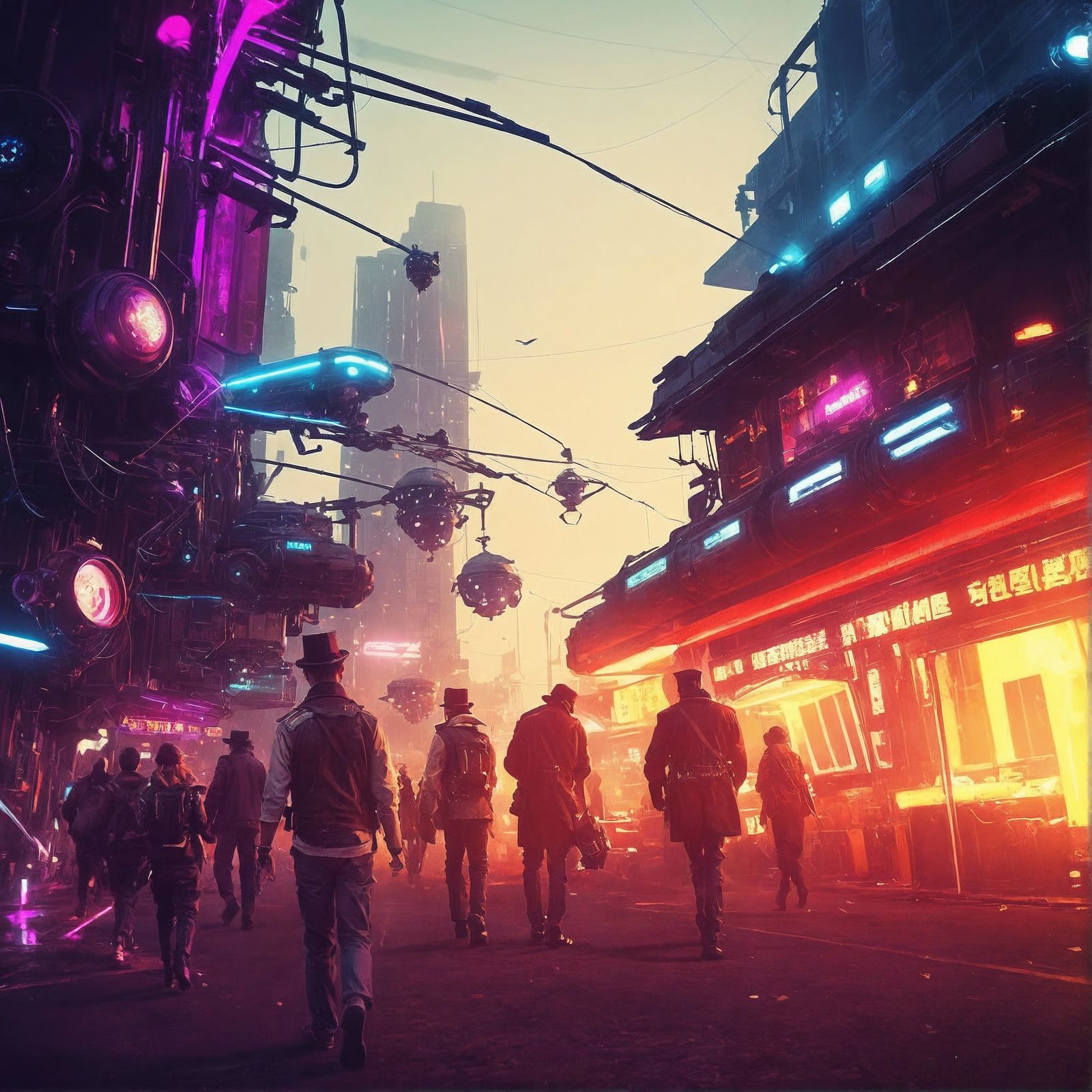 Vibrant Steampunk Cityscape at Night