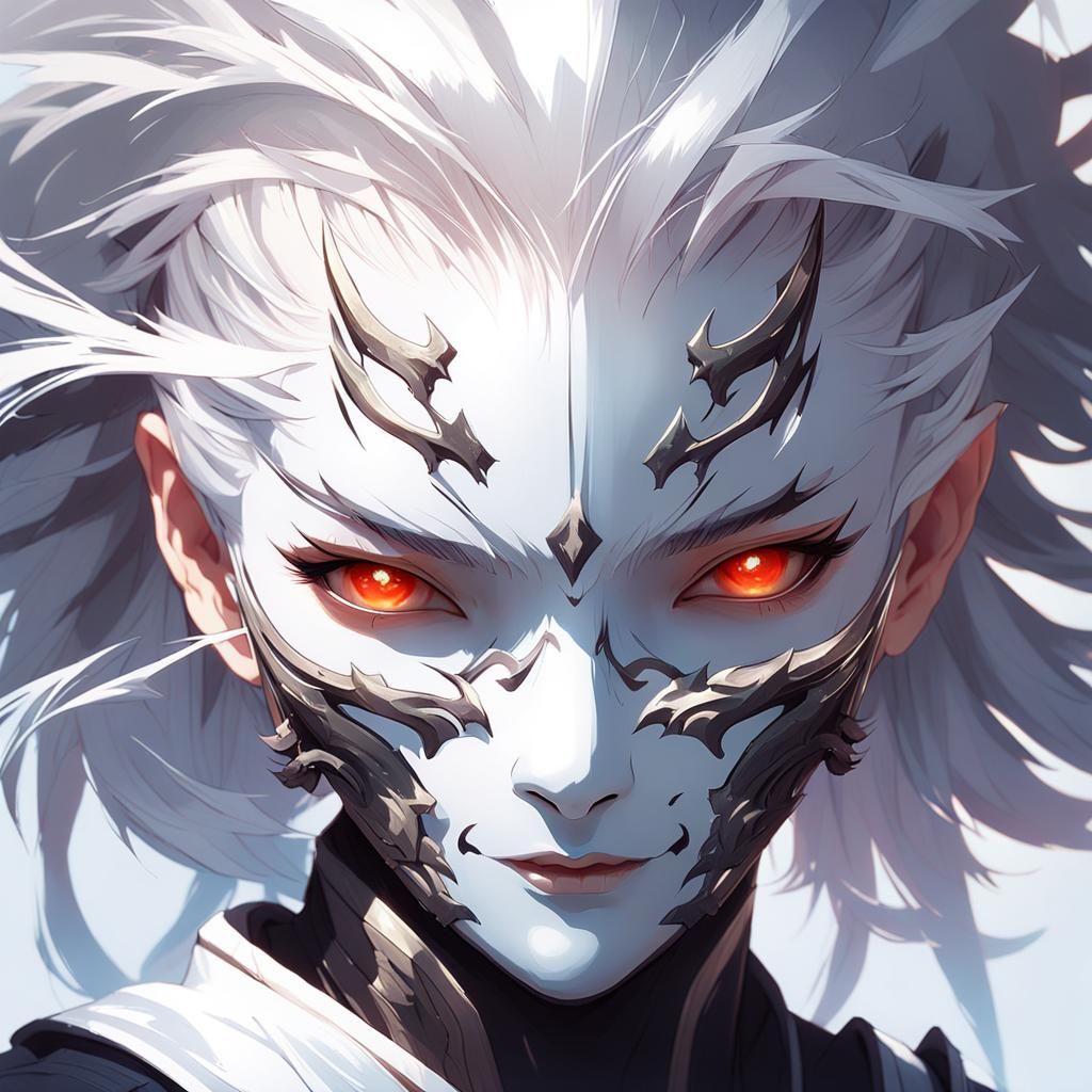 White-Haired Woman with Mask: Detailed Character Painting