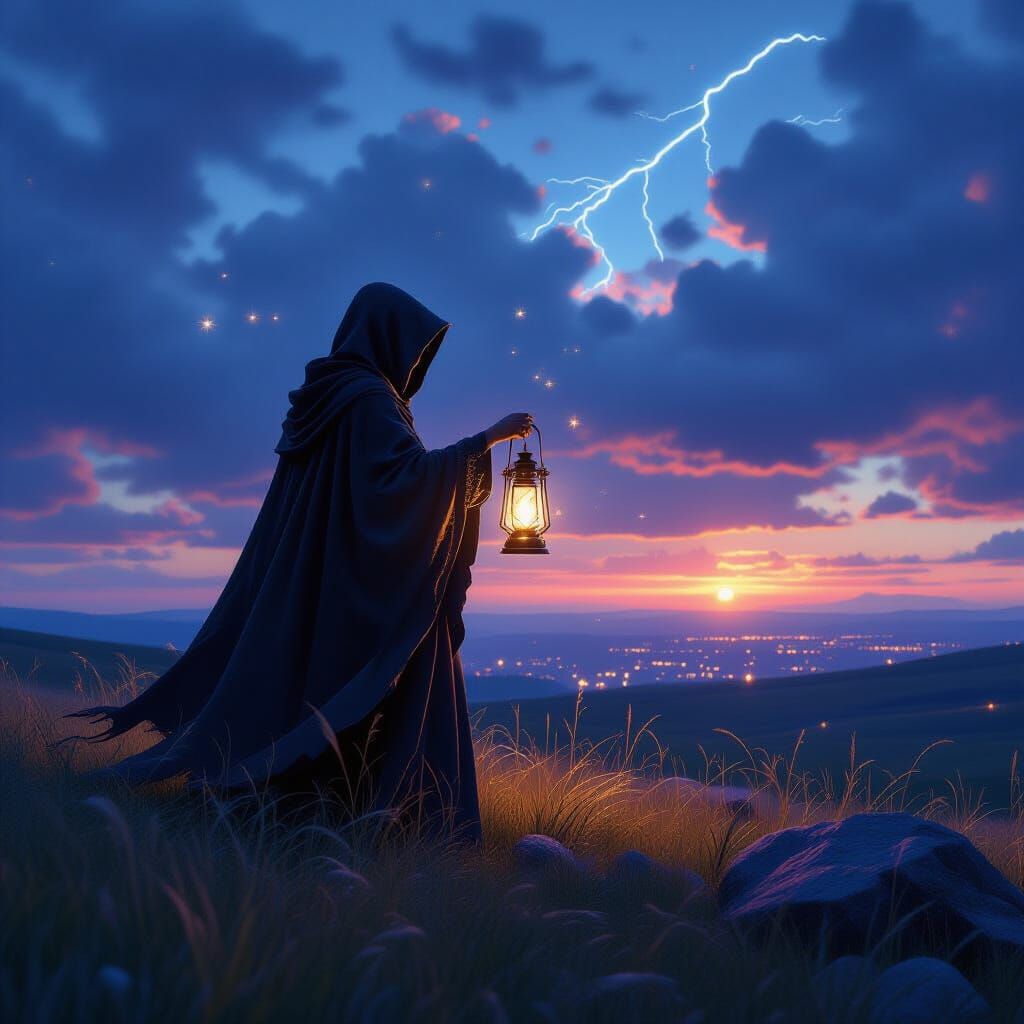 Wanderer with Star Lantern in Windswept Field