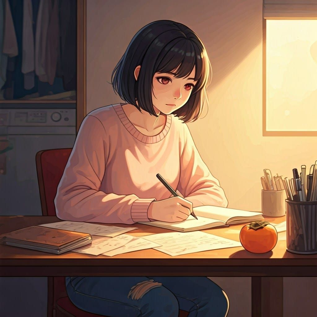 Contemplative Woman in Cozy Study