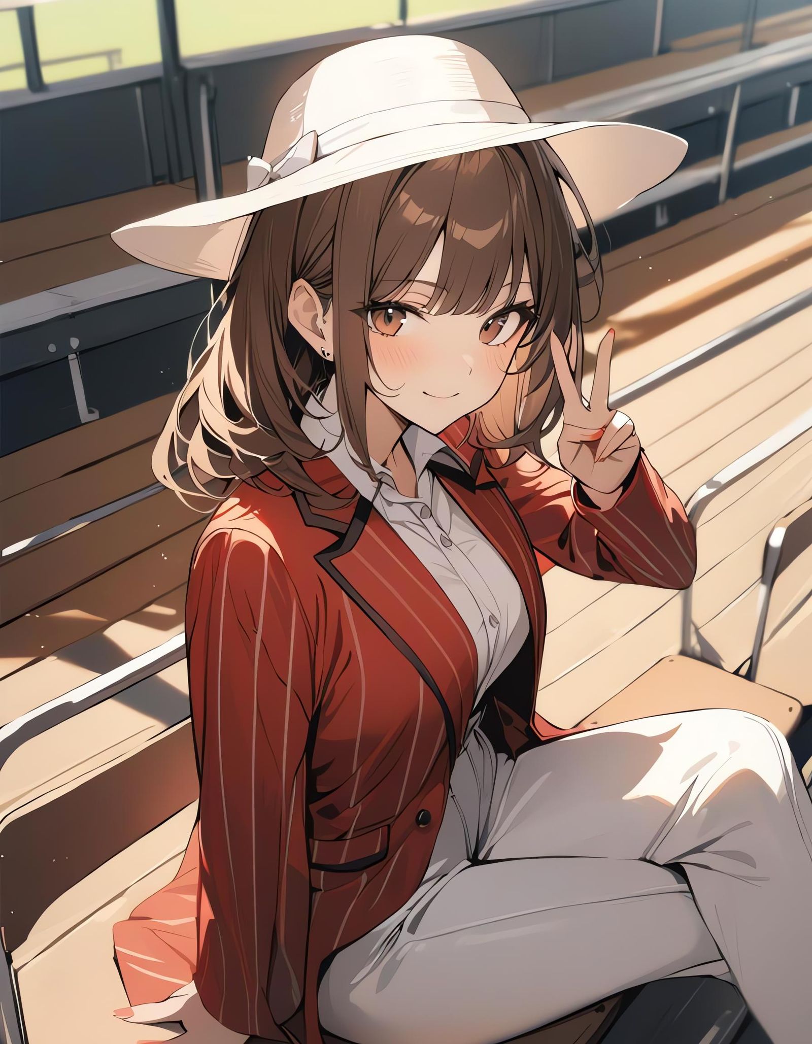 Girl in Striped Blazer on Bleachers