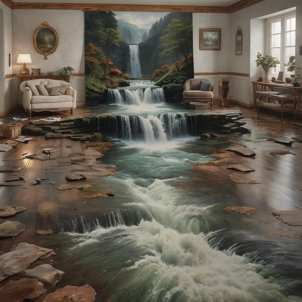 Waterfall Painting Flows into Retro Living Room