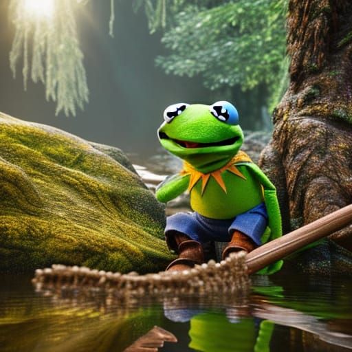 Kermit the Frog Fishing: Hyperrealistic Digital Art